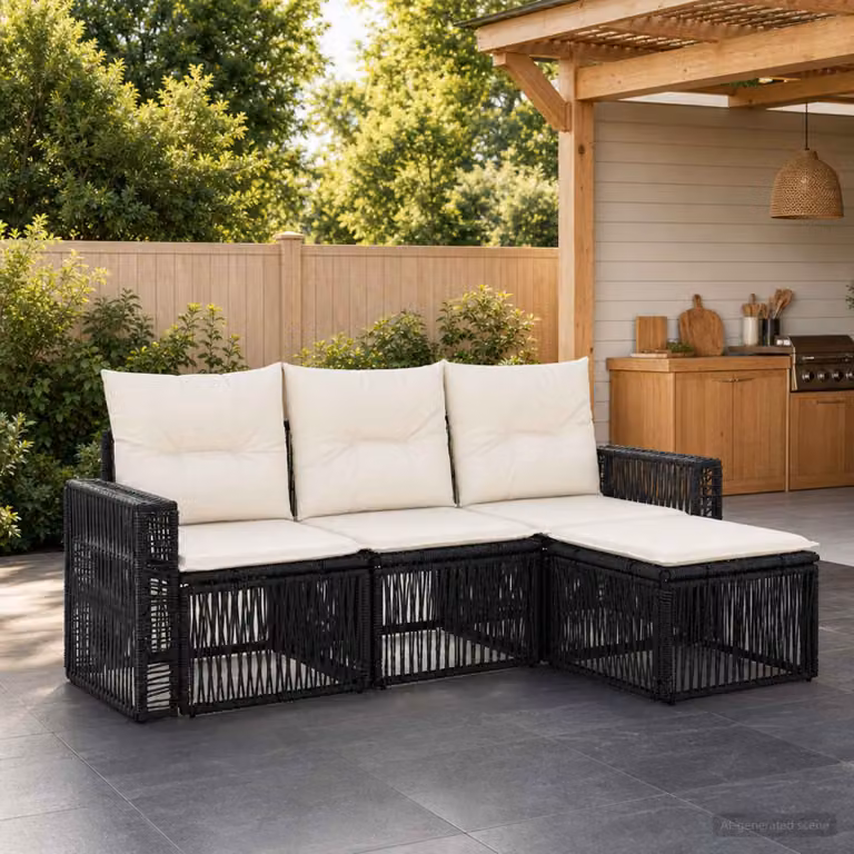 Set Divano da Giardino a L vidaXL 4 pz con Pouf, Nero e Bianco, Struttura in Metallo e Polyrattan con Cuscini Imbottiti e Rivestimenti Rimovibili