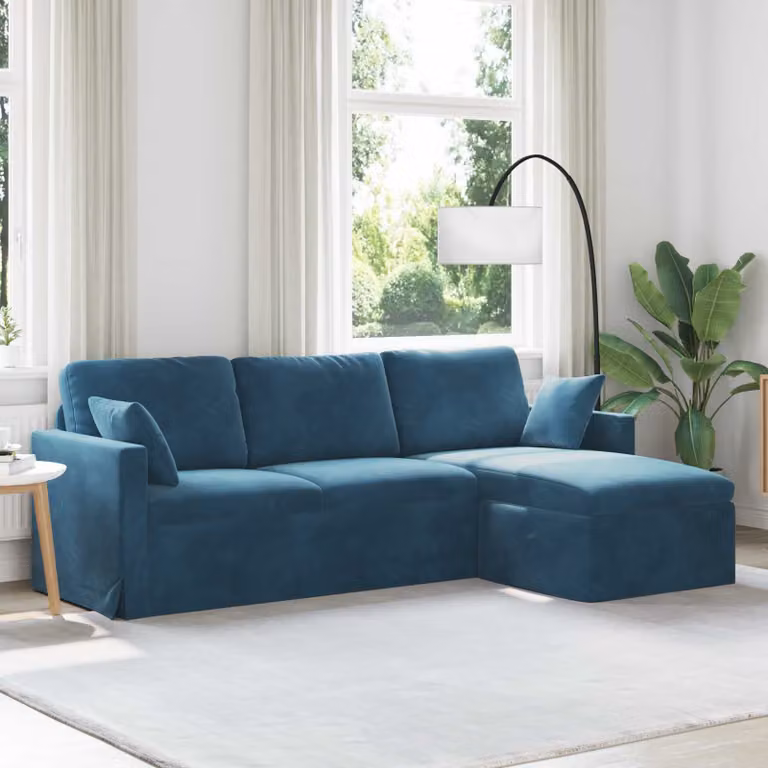 Divano angolare L-shape vidaXL in velluto blu con cuscini inclusi e coperture rimovibili L/P/H: 228 x 134 x 80 cm