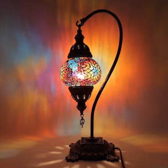 Lampada turca a mosaico - Lampada da tavolo fatta a mano con collo di cigno - Ø 12 cm, altezza 43 cm - Autentica e colorata