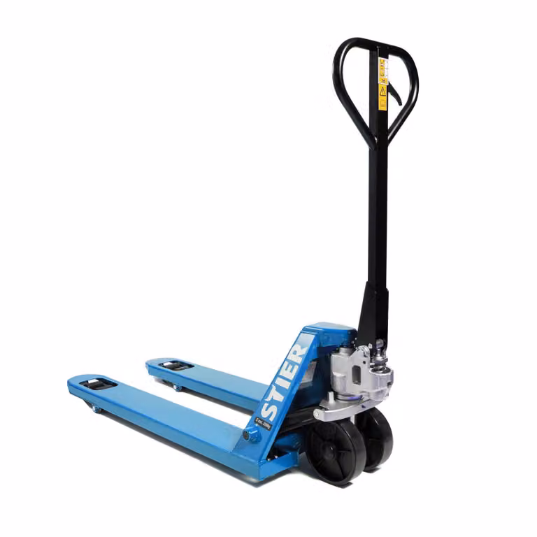 Transpallet STIER, Transpallet con capacità di carico di 2500 kg, Preassemblato e pronto all'uso, Lunghezza forche 1150 mm, Ruote in nylon, Blu, Transpallet, Transpallet manuale, Angolo di sterzata di 210°, Esente da manutenzione