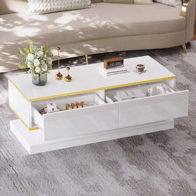 Tavolino da caffè MINIMAL con 2 cassetti bianco lucido e oro L: 100 cm, P: 50 cm, H: 38 cm