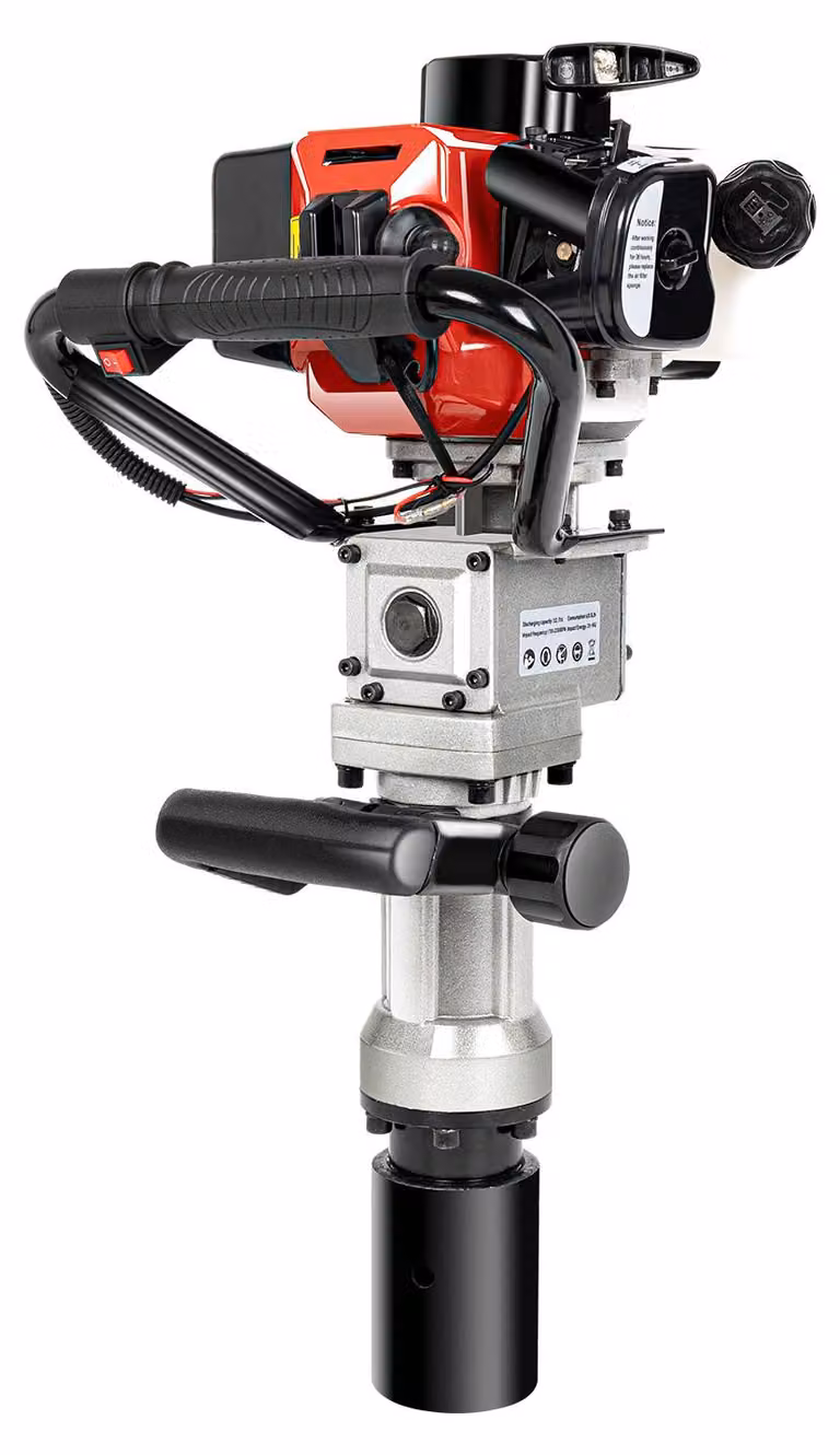 Martello compattatore a benzina, potenza 900W, cilindrata 32,7cc, velocità massima 8500 giri/min, energia d'impatto 25-50 J, avviamento a strappo manuale