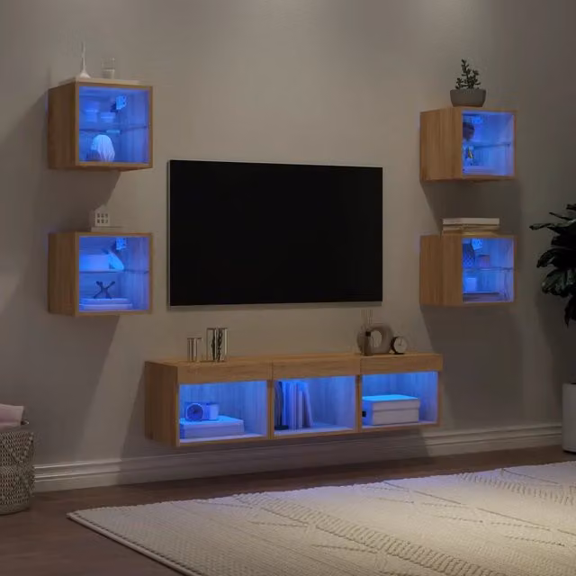 Mobili TV a Muro con LED 7pz-Set di 7 Credenza per TV sospesa Rovere Sonoma Legno Multistrato
