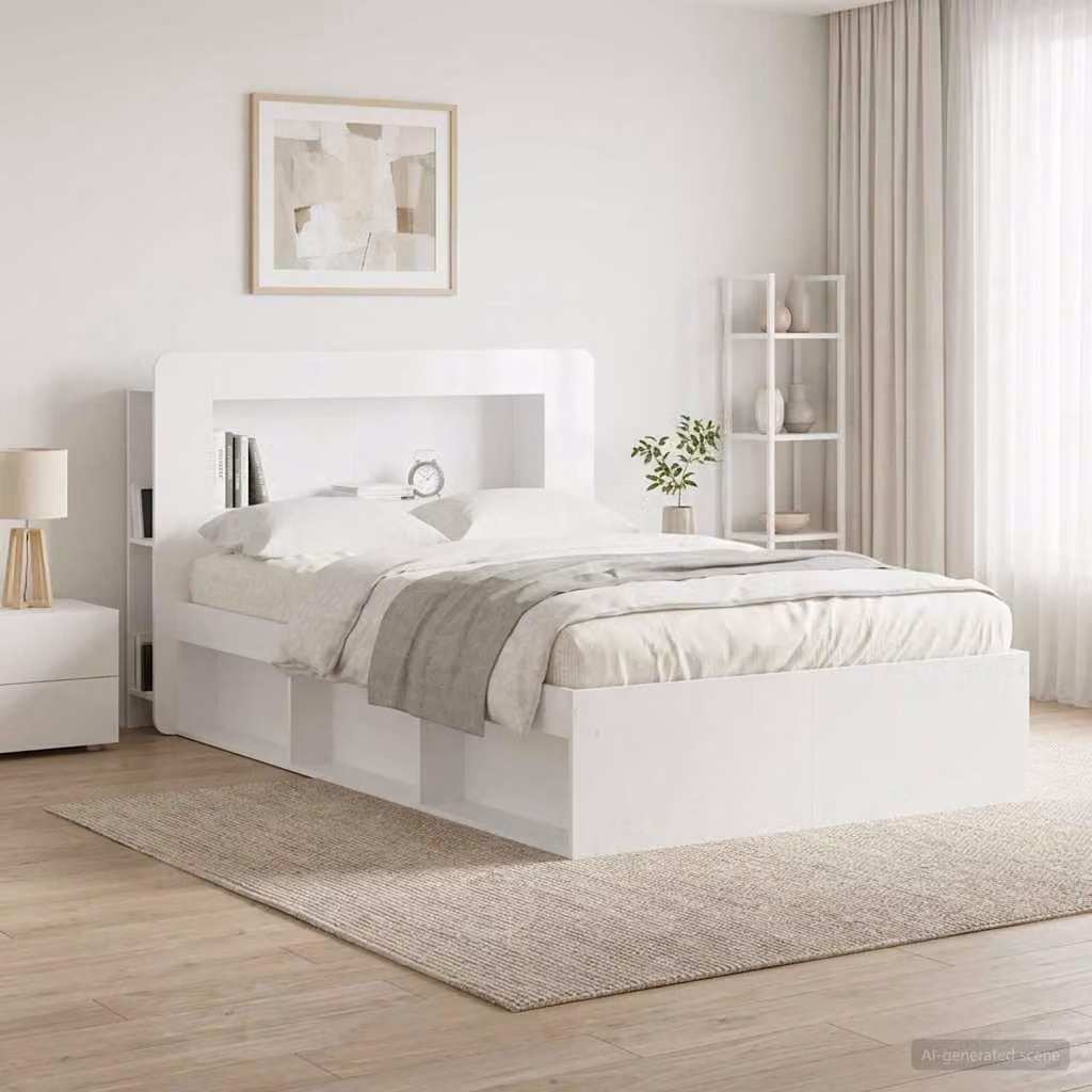 Testata del letto moderna vidaXL in legno ingegnerizzato bianco lucido con ripiani integrati L: 135,0 cm, H: 100,0 cm, P: 20,13 cm