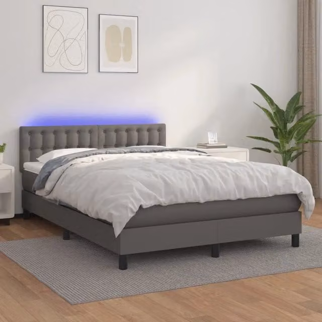 Letto con giroletto a molle e materasso vidaXL in similpelle grigia con illuminazione LED e porta USB L/P: 140 x 190 cm – 1