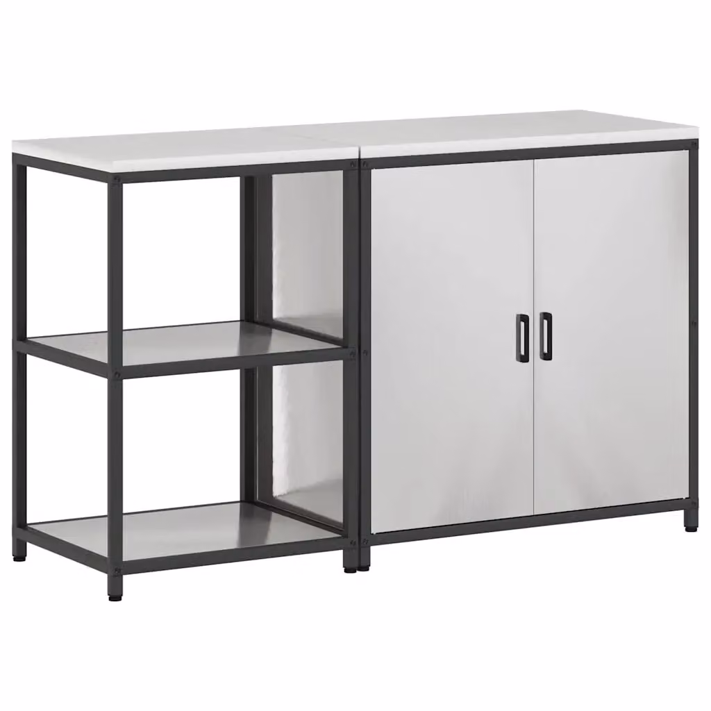 Mobile base per cucina moderno vidaXL in metallo bianco e argento con ante a cerniera e ripiani interni L/P/H: 150 x 50 x 92 cm