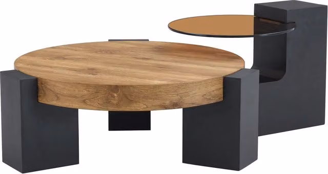 Set di 2 tavolini da salotto rotondi REDOM con 2 piani in vetro trasparente e MDF, colori nero e legno, diametro: 61 cm – 1