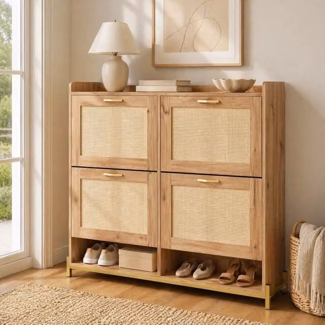 Armadio portascarpe compatto in legno con porte in rattan e struttura metallica, 108,5x24x100 cm