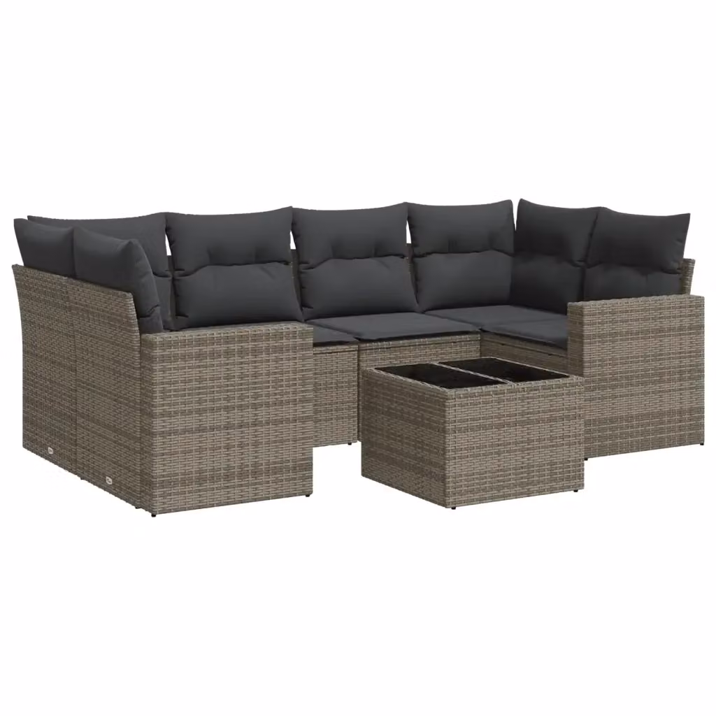 vidaXL Set Divani da Giardino 7 pz a Forma a L con Tavolino in Polyrattan e Cuscini Grigio – 2