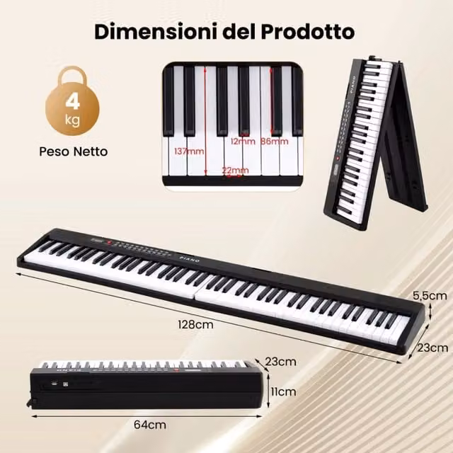 Tastiera elettronica pieghevole con 88 tasti semipesati, funzione split, pedale sostenuto e doppi altoparlanti, connettività Bluetooth e USB-C, Nero