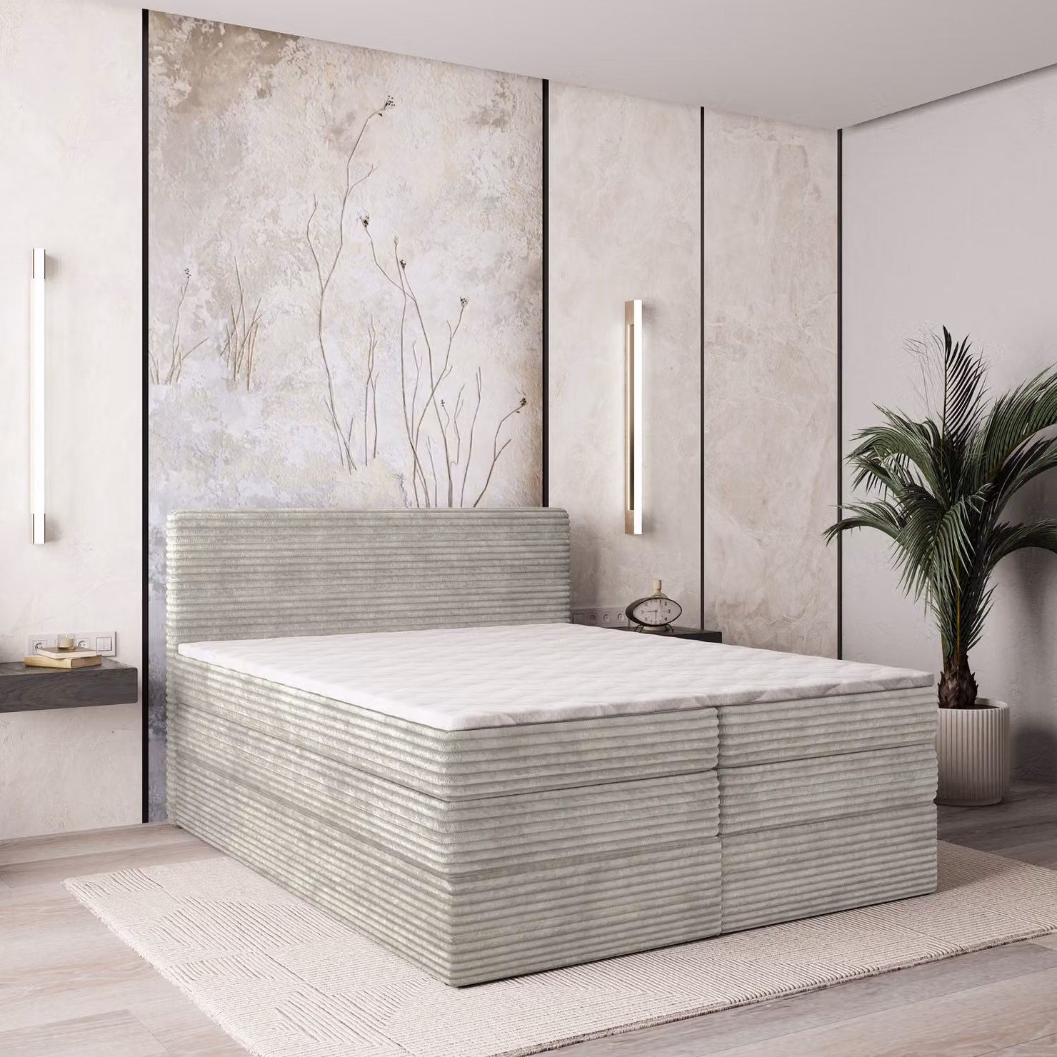 Letto a molle insacchettate Masseno LUNERA 180x200 cm completo di materasso e topper Bonell, letto imbottito con cassettiere - grigio chiaro, TILIA 83