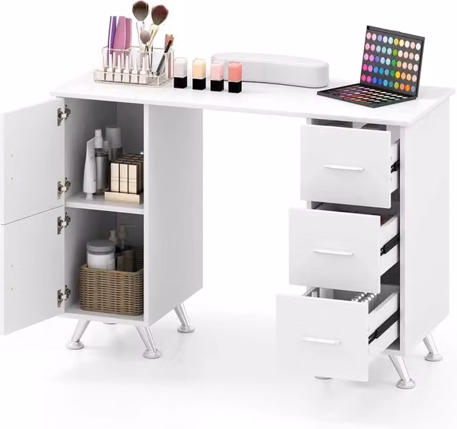 Tavolo per unghie con cassetti, Postazione lavoro in legno per nail art per salone di bellezza Bianco-Scrivanie