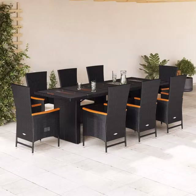 Set da Pranzo da Giardino vidaXL in Polyrattan e Legno di Acacia con Cuscini, Nero e Bianco, 9 Pezzi