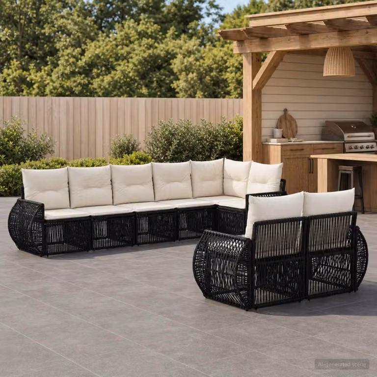 Set Divano da Giardino vidaXL 8 pz a forma di U in Polyrattan Nero e Bianco Crema con Cuscini e Struttura in Acciaio Verniciato a Polvere