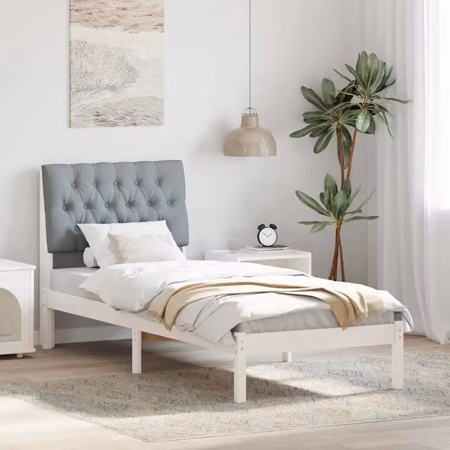 Letto moderno vidaXL con testiera rivestita in tessuto e struttura in legno massello di pino, L: 80,5 cm, P: 207 cm, H: 93,5 cm, disponibile in bianco o grigio