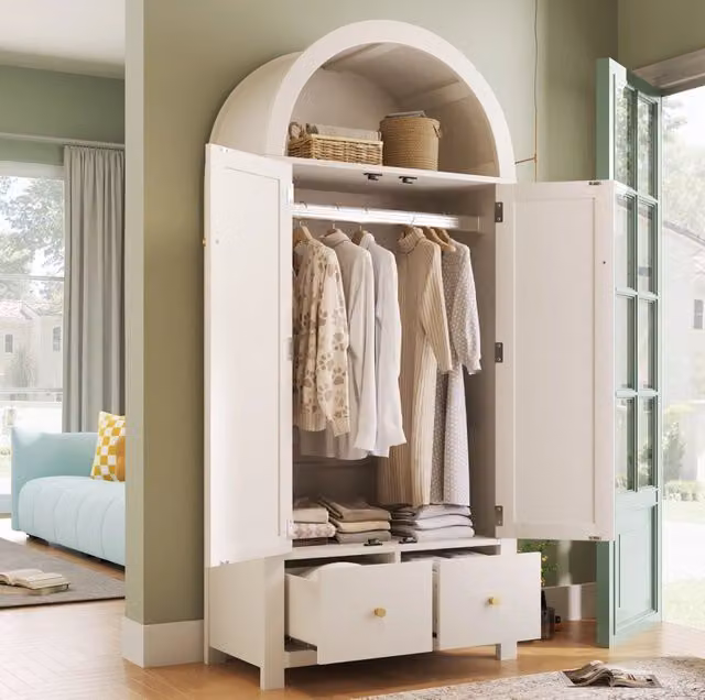 Armadio 78x45x181 cm con 2 ante, 2 cassetti e barra appendiabiti bianco
