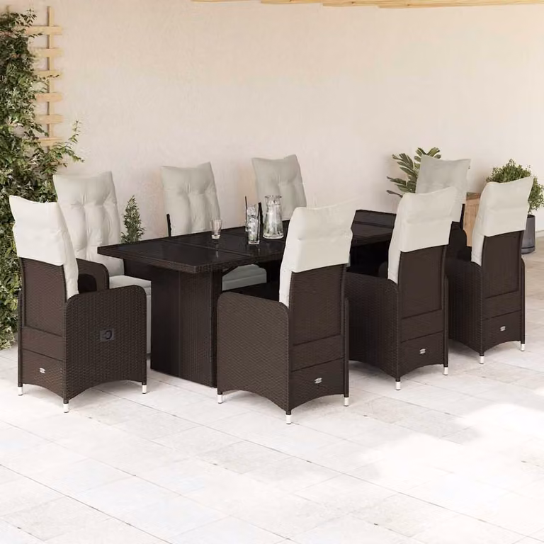 vidaXL Set Bistrò da Giardino 9 pz in Polyrattan Marrone con Cuscini e Tavolo in Vetro