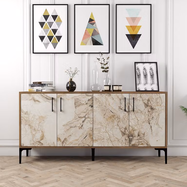 Skye Decor, Kiev 160 - Noce, Marmo bianco, Consolle, Noce, 100% PANNELLI DI PARTICELLE RIVESTITI IN MELAMMINA, 160 x 35 x 78 cm
