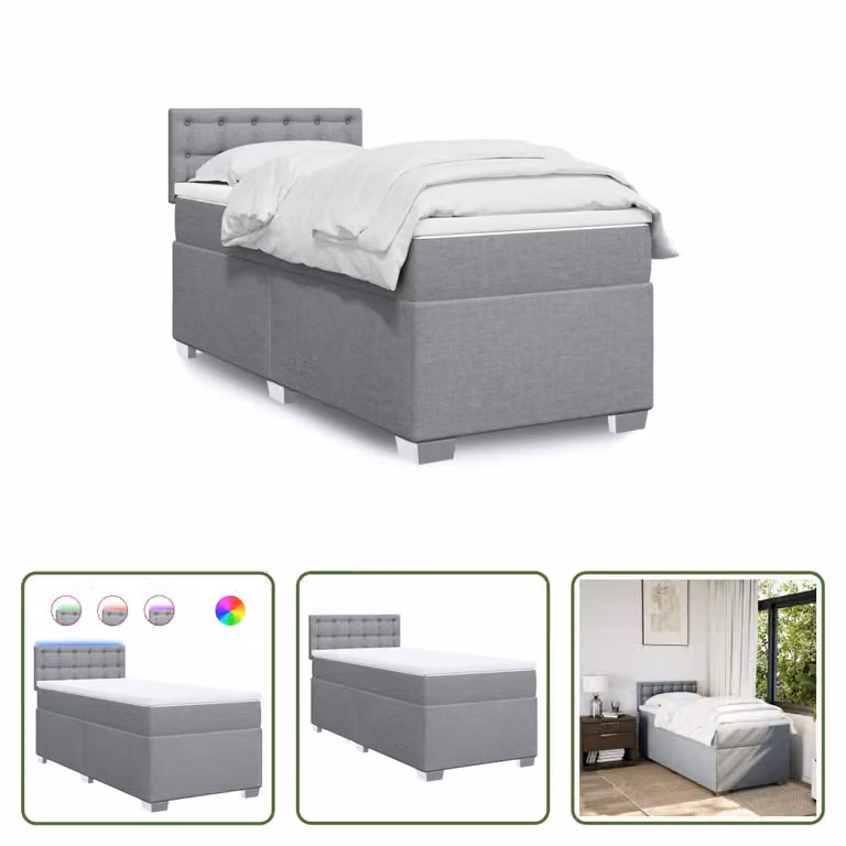 The Living Store Letto a molle con materasso grigio chiaro 90x190 cm in tessuto