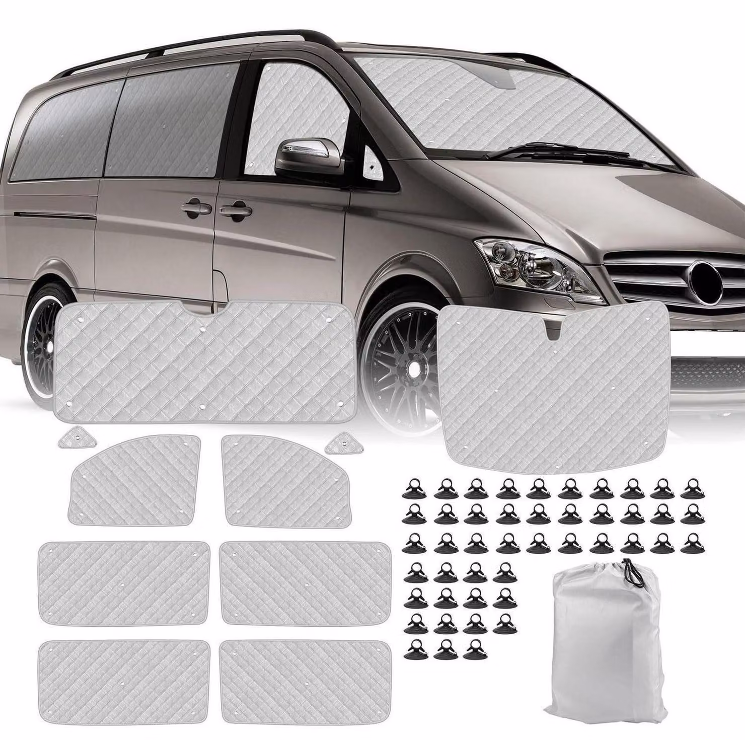 Tappetini termici per l'abitacolo, compatibili con Mercedes-Benz VITO III W447/Viano dal 2014 al 2022, versione a passo lungo (LWB), set da 10 pezzi. Offrono protezione solare, privacy e controllo della temperatura