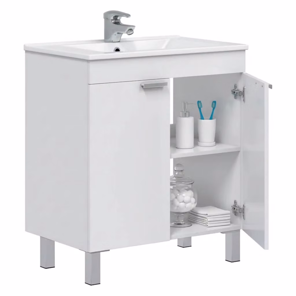DMORA Mobile Sottolavabo per Bagno Moderno con 2 Ante Soft Close Bianco Lucido L: 70 cm, P: 45 cm, H: 80 cm – 2
