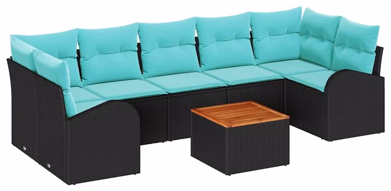 Set da giardino composto da 8 pezzi, in rattan sintetico nero e turchese