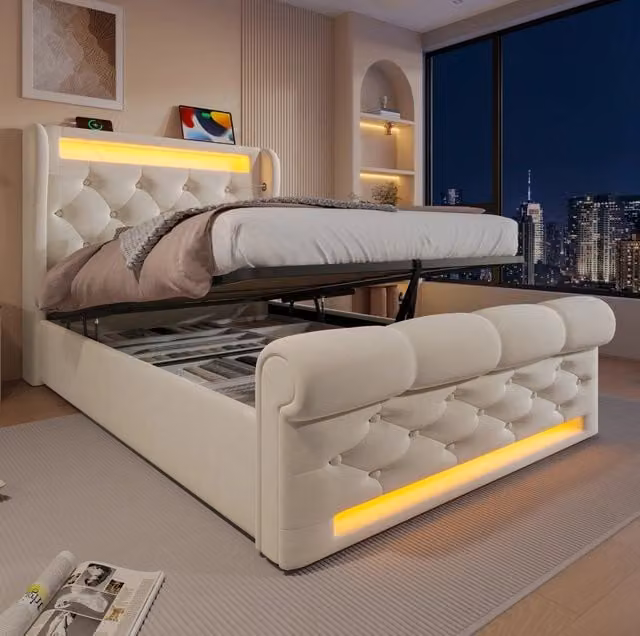Letto singolo imbottito 90x200 cm in velluto beige con LED; ricarica USB e Type C; contenitore idraulico