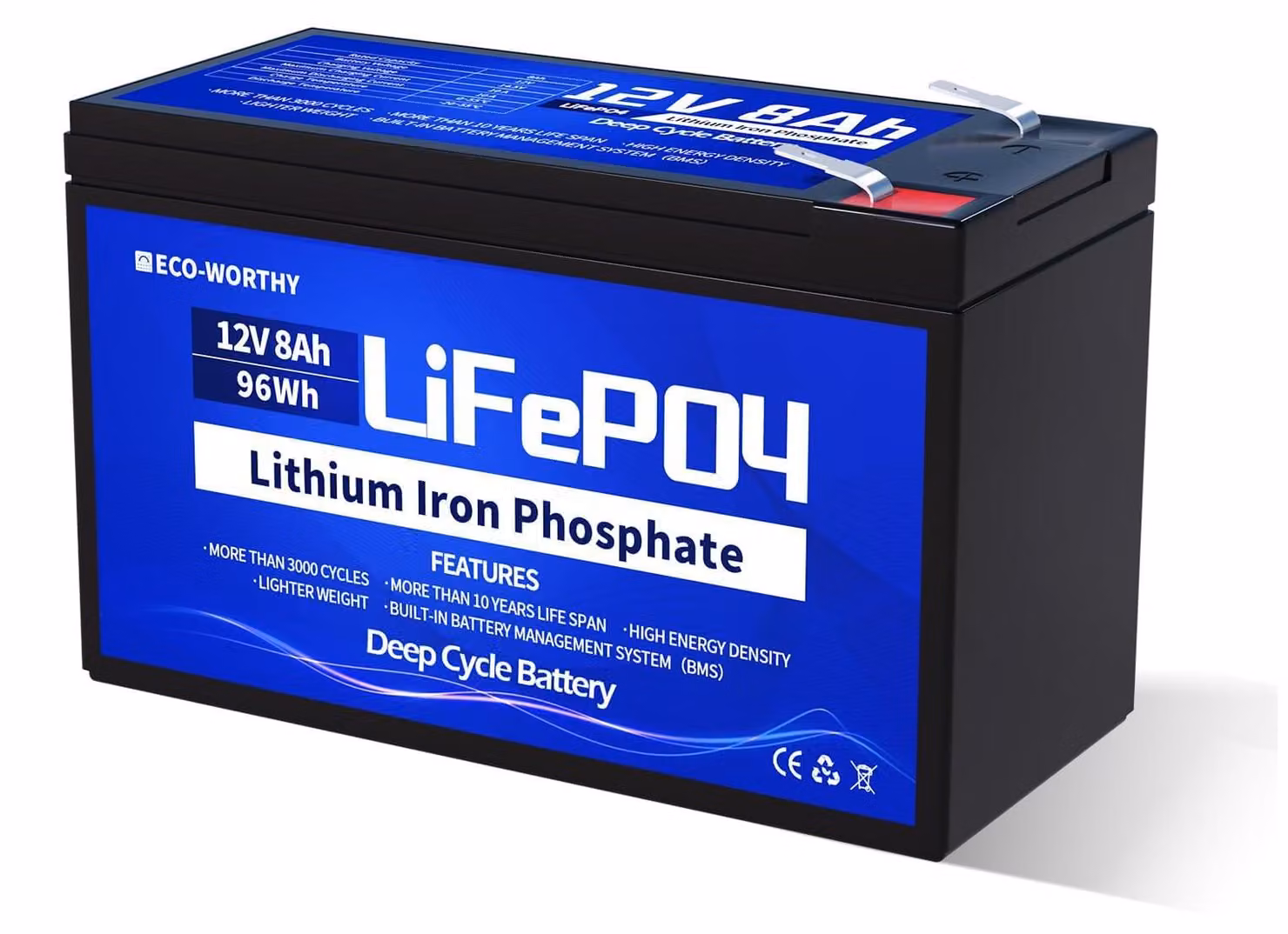 Batteria LiFePO4 da 12V e 8Ah con sistema di gestione della batteria (BMS), peso 1,05 kg, ideale per campeggio e impianti solari