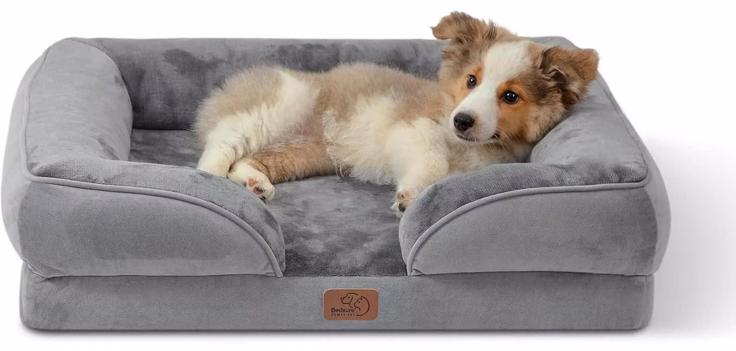 Cuccia ortopedica per cani, 71x58 cm, grigia, con bordo alto e base antiscivolo