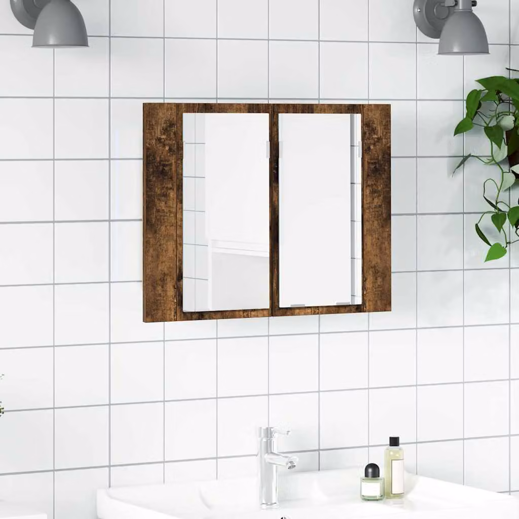 Armadietto da bagno con specchio LED vidaXL in legno multistrato Rovere Fumo, L: 60 cm, P: 12 cm, H: 45 cm