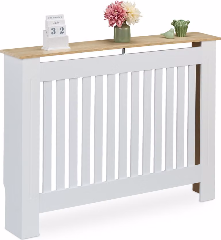 Copritermo Relaxdays, a lamelle, HBT 83x112x19 cm, per radiatori tradizionali, copritermo con ripiano, MDF, bianco