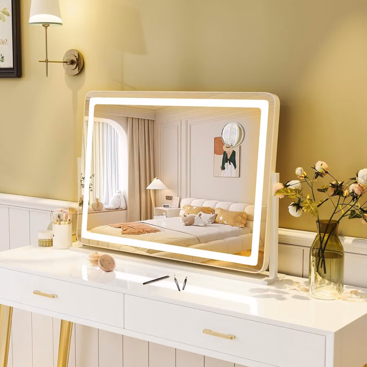 Specchio da trucco da tavolo Costway con luci LED e ingrandimento 10x, Bianco, L: 80 cm x P: 55 cm
