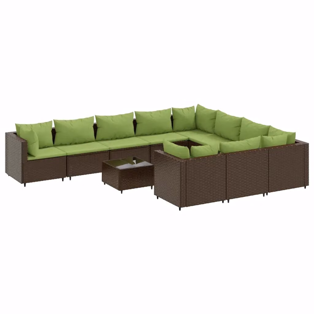 Set di Divani da Giardino vidaXL a Forma di U con 11 Pezzi, Polyrattan Marrone e Verde con Cuscini e Tavolino da Caffè – 2
