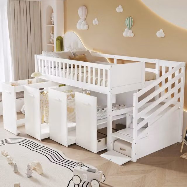 Letto a castello per bambini 2 posti 90 × 200 cm con scrivania, armadi e contenitori, senza materasso, bianco
