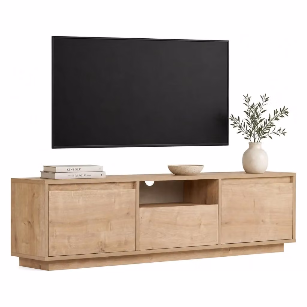 Mobile porta TV Morrigan DMORA in legno rovere marrone con un ripiano, L: 160 cm, P: 30 cm, H: 42 cm – 2