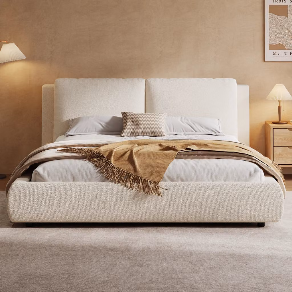 Letto imbottito con contenitore WISHDOR, testiera ergonomica e rete a doghe, rivestimento in Bouclé beige – 2