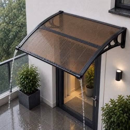 Tettoia per ingresso VEVOR marrone con canale di drenaggio in policarbonato e alluminio, L: 96,5 cm, P: 27,5 cm, H: 101,7 cm