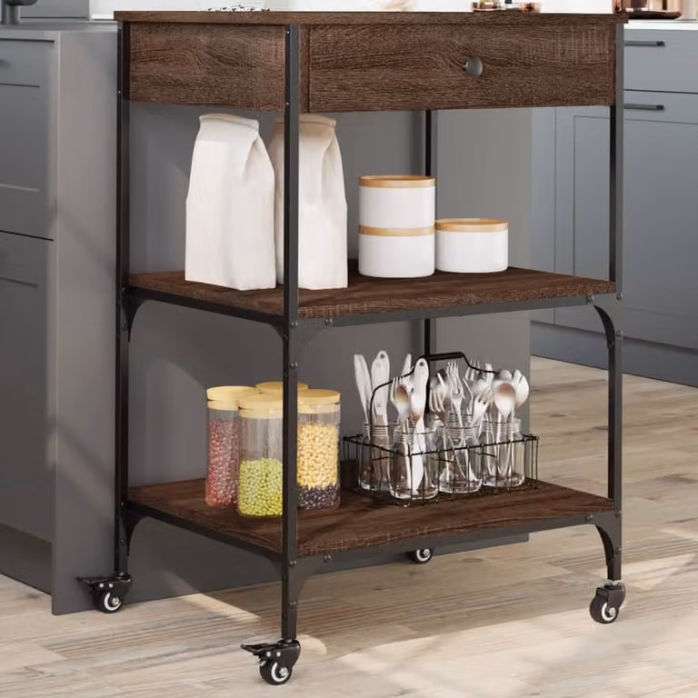 Carrello da cucina vidaXL in legno e metallo stile industrial, colore rovere marrone, L: 60 cm, P: 48 cm, H: 89,5 cm