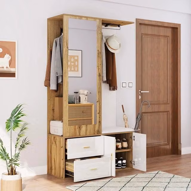 Armadio guardaroba completo - Xylo - Bianco e legno - Specchio, scarpiere, panca e appendiabiti scorrevole