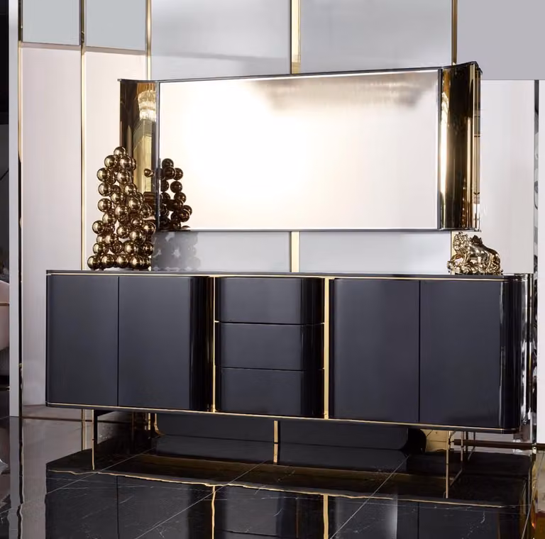 Wohnzimmer Anrichte Spiegel schwarz Kommode Holz Metall Stil Modern