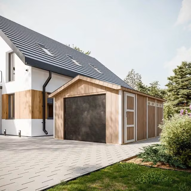 Garage Timbela M991B in legno con pannelli LP Smartside per auto, moto e biciclette, L: 378 cm, P: 530 cm, H: 269 cm, colori grigio e beige – 1