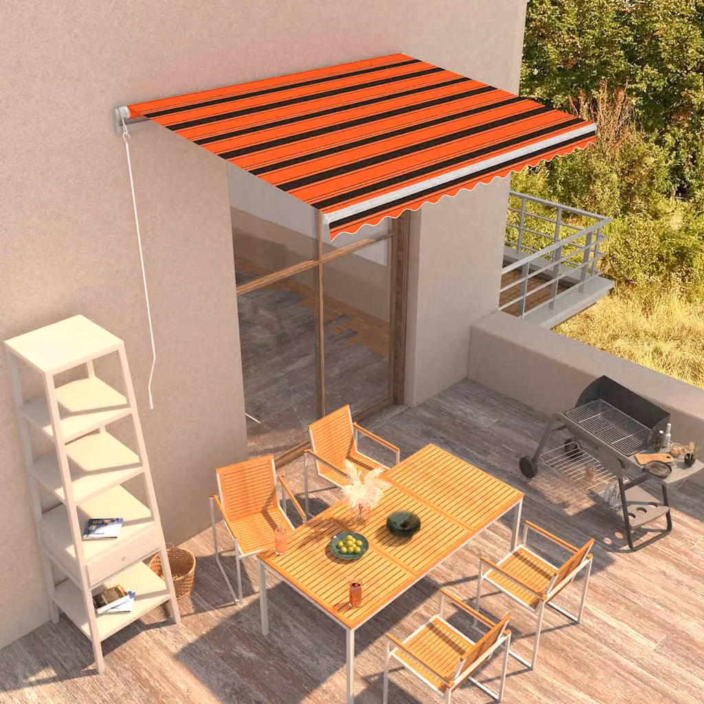 Tenda da sole retrattile semi-cassonetto vidaXL in alluminio e poliestere, arancione, marrone e bianco, con manovella, montaggio a parete, L 350 cm x P 250 cm – 1