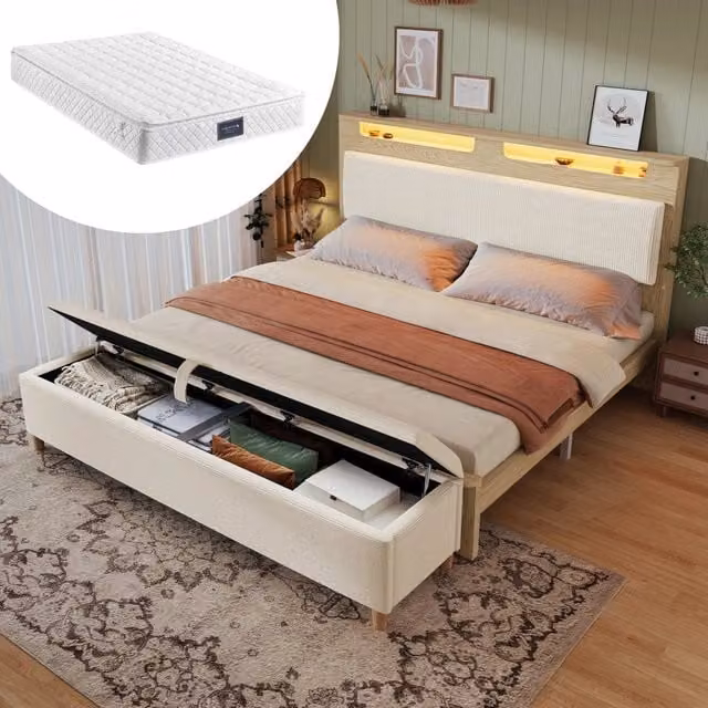 letto in legno con rivestimento in velluto beige 140 x 200 cm