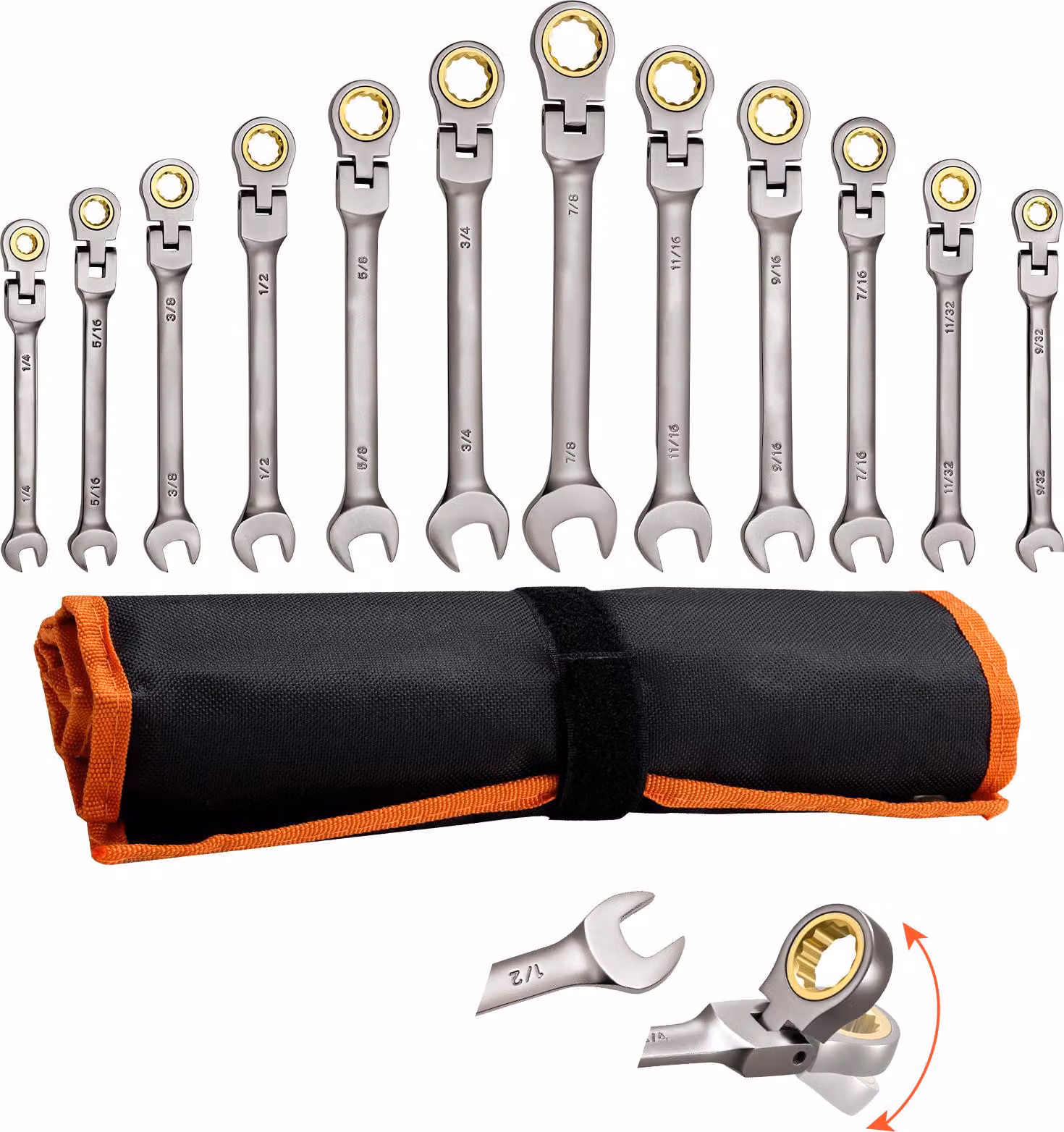 SucceBuy Set di chiavi a cricchetto con testa flessibile, 12 pezzi, SAE 72 denti, set di utensili in acciaio Cr-V con pratica borsa per riporli, chiavi a forchetta per riparazioni domestiche e automobilistiche, nichel grigio