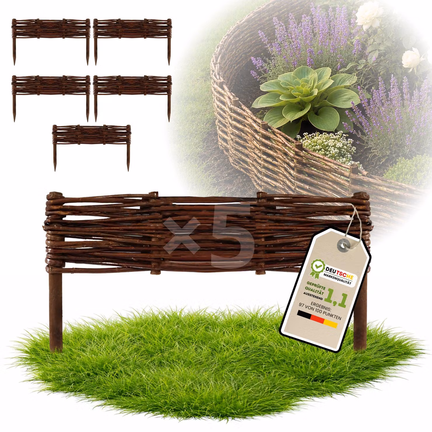 Floranica 5 pezzi Recinzione in vimini 10 cm x 40 cm – Staccionata da giardino intrecciata Palizzata Recinzione naturale Bordo aiuola