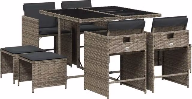 Set da Pranzo da Giardino 9 Pezzi in Polyrattan Grigio e Nero con Piano in Vetro – 1