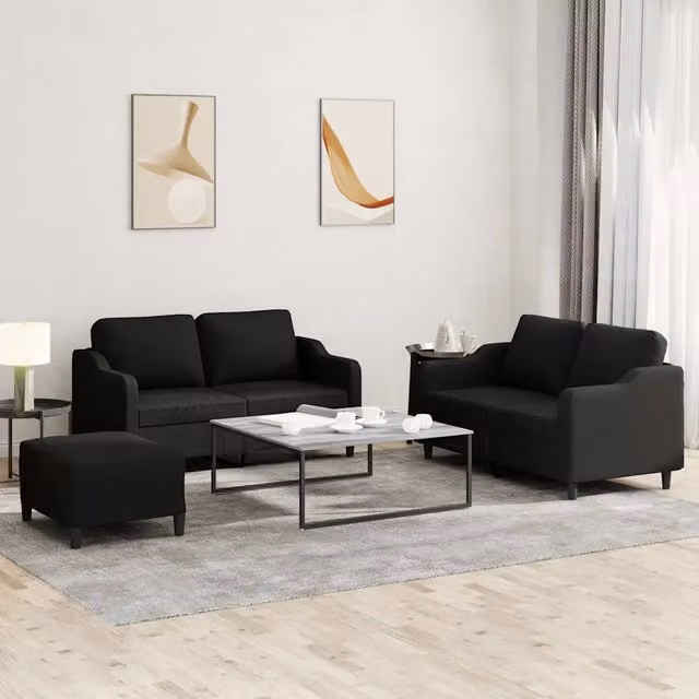 Set di divani 3 pezzi vidaXL in tessuto nero con cuscini per soggiorno in stile moderno
