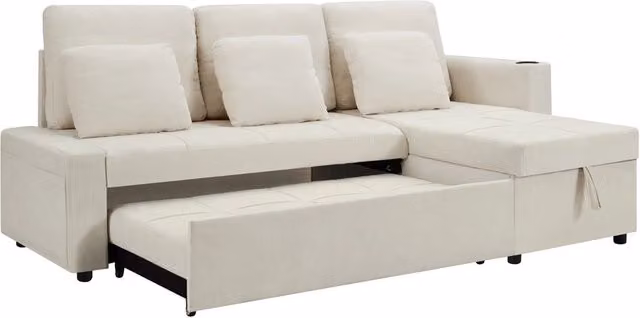 Divano Letto 3 Posti con Chaise Longue in Chenille, Contenitore, Portabicchieri e Ripiani Laterali per Soggiorno