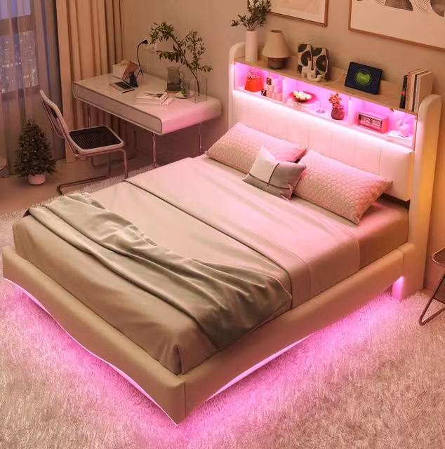 Letto Imbottito Sospeso 140x200 cm Beige con LED, USB/Type-C e Contenitore