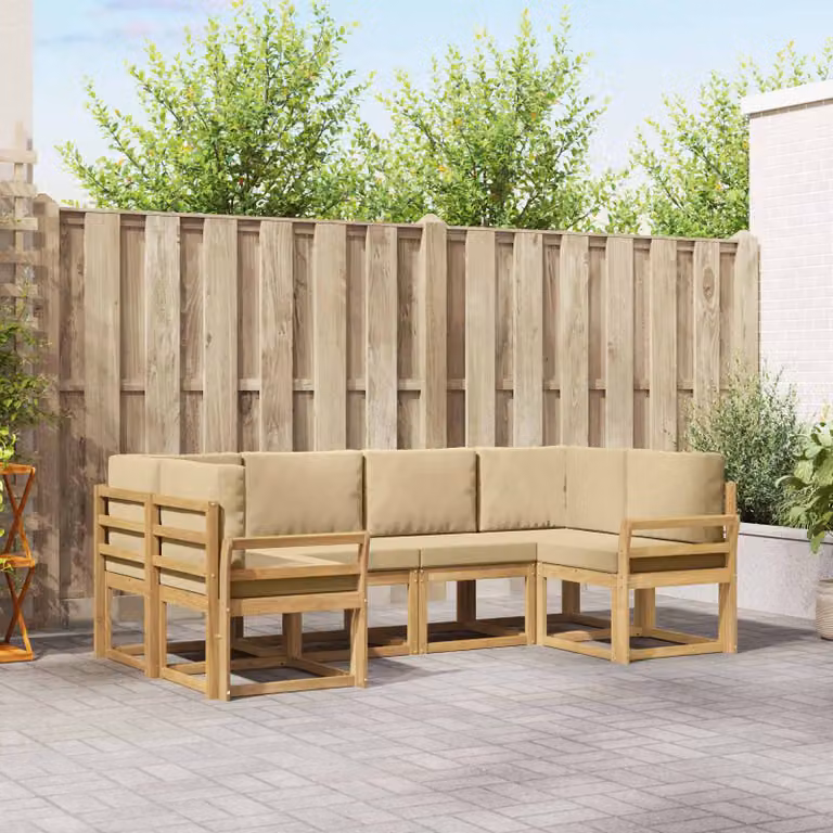 Set di divani da esterno vidaXL a forma di L composto da 6 pezzi in legno di acacia con cuscini, Bianco e Beige